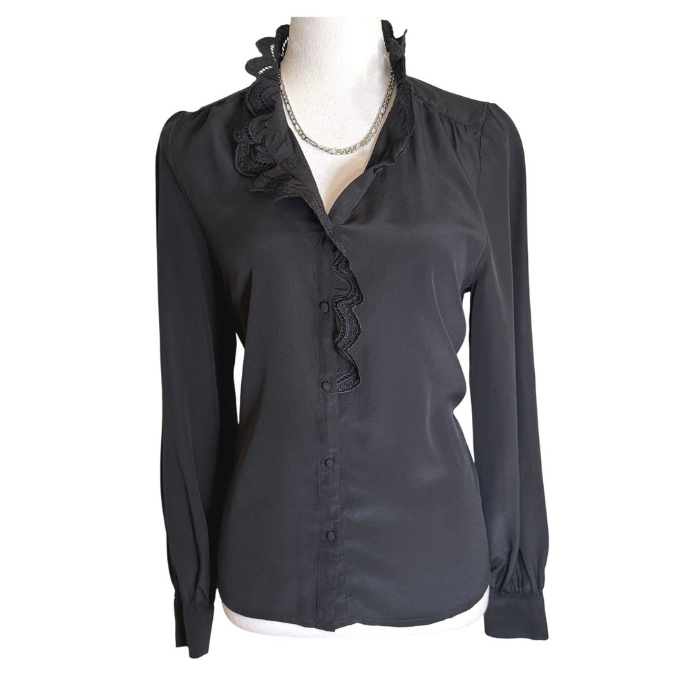 Sezane Chlo Shirt Black Lace Ruffle Collar Button Front Blouse French Girl 8 - Picture 2 of 13